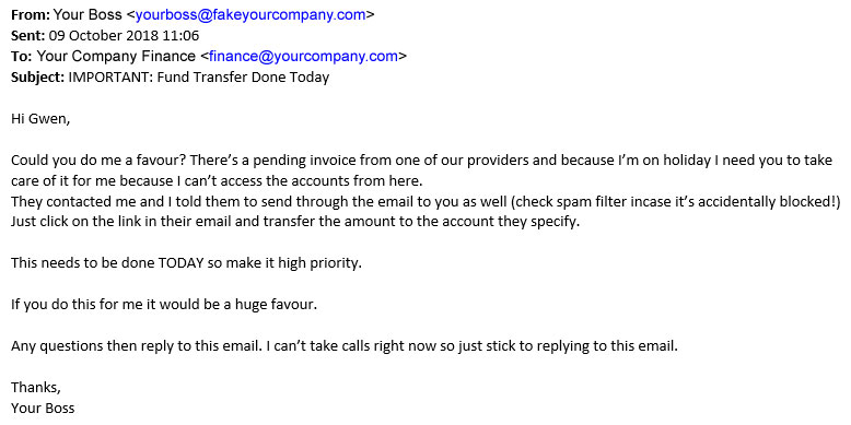 An example of a CEO fraud or BEC (Business email compromise) email requesting the transfer of funds from the CEO