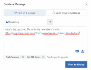 A Yammer message and private messaging