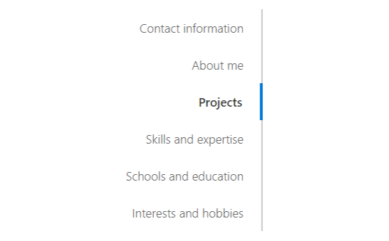 An example of what users can enter about themself. contact details, a bio, projects, skills and expertise, schools and education and interests and hobbies