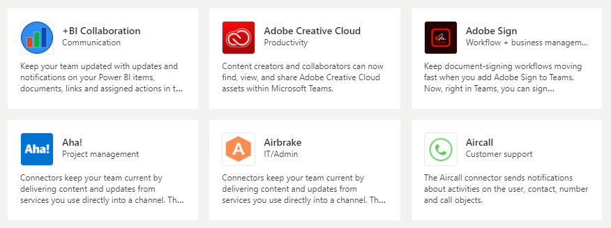 Some of the optional integrations for Teams including Adobe Creative Cloud, Aha!, Airbrake, Aircall and +BI Collaboration.