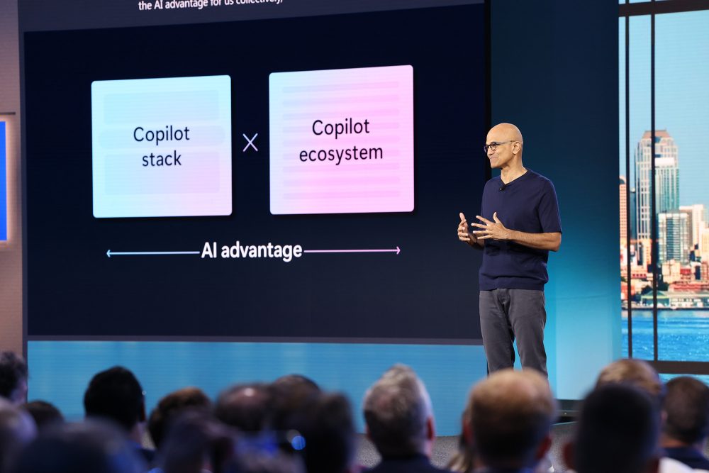 Microsoft Chairman and CEO Satya Nadella speaks to partner attendees at Microsoft Inspire 2023.