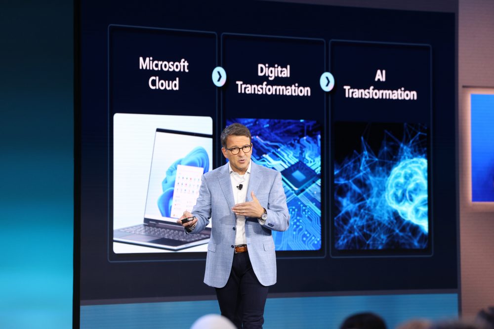 Judson Althoff, Microsoft executive vice president and chief commercial officer, speaks to partner attendees at Microsoft Inspire 2023.